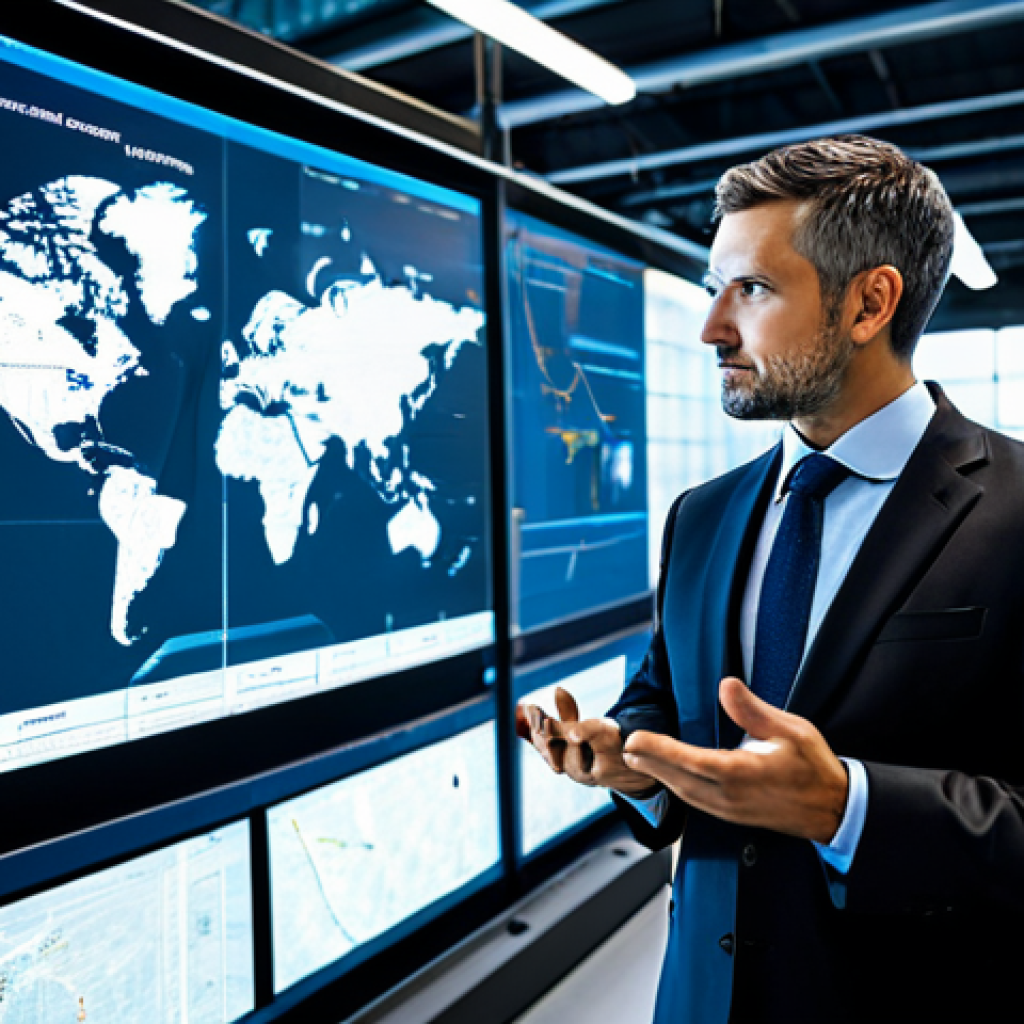 A professional male logistics expert in a crisp, dark business suit stands confidently in a futuristic, brightly lit logistics control center. He is fully clothed in professional dress, looking at a transparent holographic display showing complex real-time global shipping routes, interconnected IoT sensor data points, and dynamic big data analytics charts. Automated robotic arms are subtly visible in the background, handling packages in a clean, high-tech warehouse. The scene emphasizes innovation, efficiency, and data-driven decision-making. The man has a focused, intelligent expression. Perfect anatomy, correct proportions, natural pose, well-formed hands, proper finger count, natural body proportions, professional photography, high quality, safe for work, appropriate content, fully clothed, professional, modest.