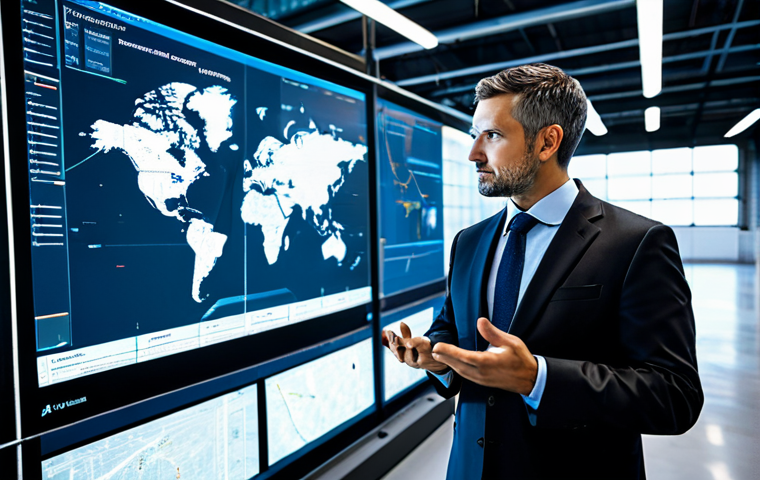 A professional male logistics expert in a crisp, dark business suit stands confidently in a futuristic, brightly lit logistics control center. He is fully clothed in professional dress, looking at a transparent holographic display showing complex real-time global shipping routes, interconnected IoT sensor data points, and dynamic big data analytics charts. Automated robotic arms are subtly visible in the background, handling packages in a clean, high-tech warehouse. The scene emphasizes innovation, efficiency, and data-driven decision-making. The man has a focused, intelligent expression. Perfect anatomy, correct proportions, natural pose, well-formed hands, proper finger count, natural body proportions, professional photography, high quality, safe for work, appropriate content, fully clothed, professional, modest.