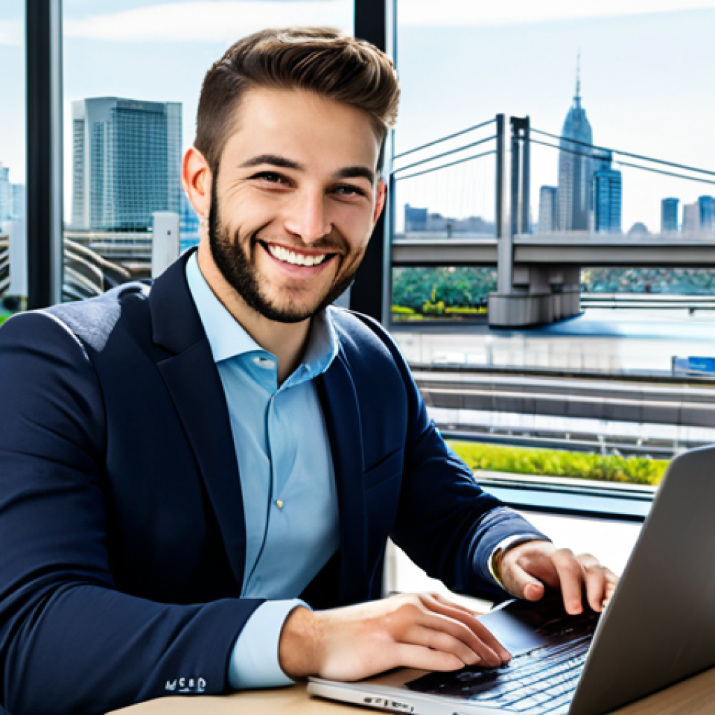 **
A young professional, fully clothed in business casual attire, smiling confidently while reviewing transportation data on a laptop in a modern, bright office. The background features a cityscape with visible bridges and roads. Safe for work, appropriate content, professional, perfect anatomy, correct proportions, natural pose, well-formed hands, proper finger count, natural body proportions, high quality.
**