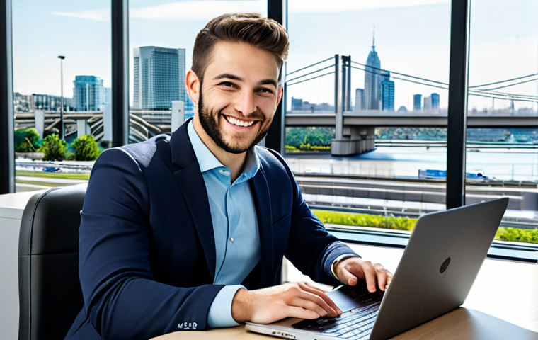 **

A young professional, fully clothed in business casual attire, smiling confidently while reviewing transportation data on a laptop in a modern, bright office. The background features a cityscape with visible bridges and roads.  Safe for work, appropriate content, professional, perfect anatomy, correct proportions, natural pose, well-formed hands, proper finger count, natural body proportions, high quality.

**