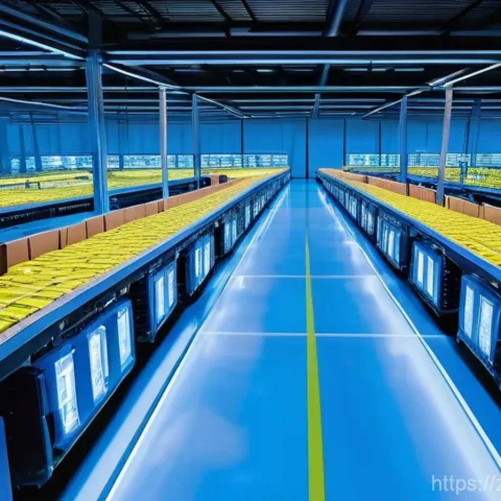 교통관련 업종별 실무 차별화 - **Prompt:** A highly futuristic and pristine automated logistics center bathed in soft, cool blue an...