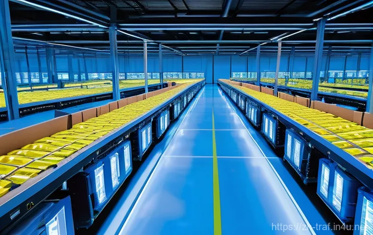 교통관련 업종별 실무 차별화 - **Prompt:** A highly futuristic and pristine automated logistics center bathed in soft, cool blue an...