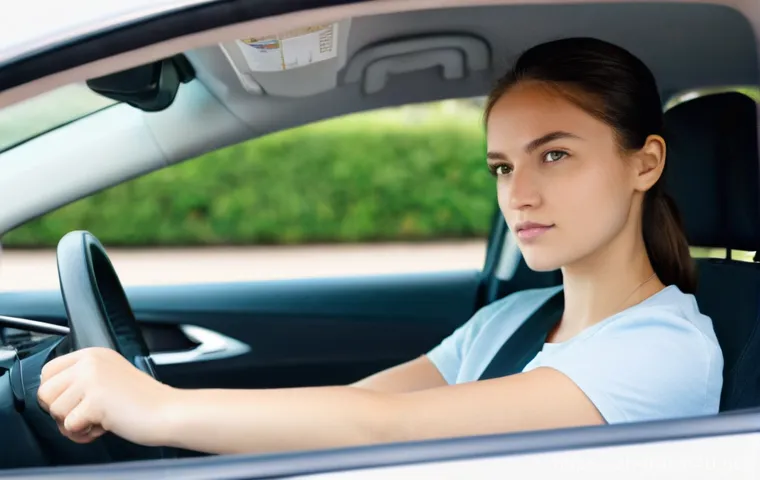 교통자격증 실기시험 준비 가이드 - Calm and Focused Driver**
    "A realistic, high-definition photograph of a young woman in her early...