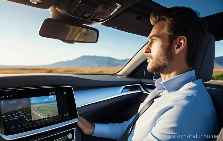 교통 관련 실습 경험기 - **Prompt:** A serene, ultra-modern car interior on a sunlit open highway. A diverse adult driver, dr...