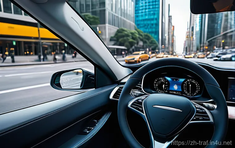 교통 관련 실습 경험기 - **Prompt:** A serene, ultra-modern car interior on a sunlit open highway. A diverse adult driver, dr...