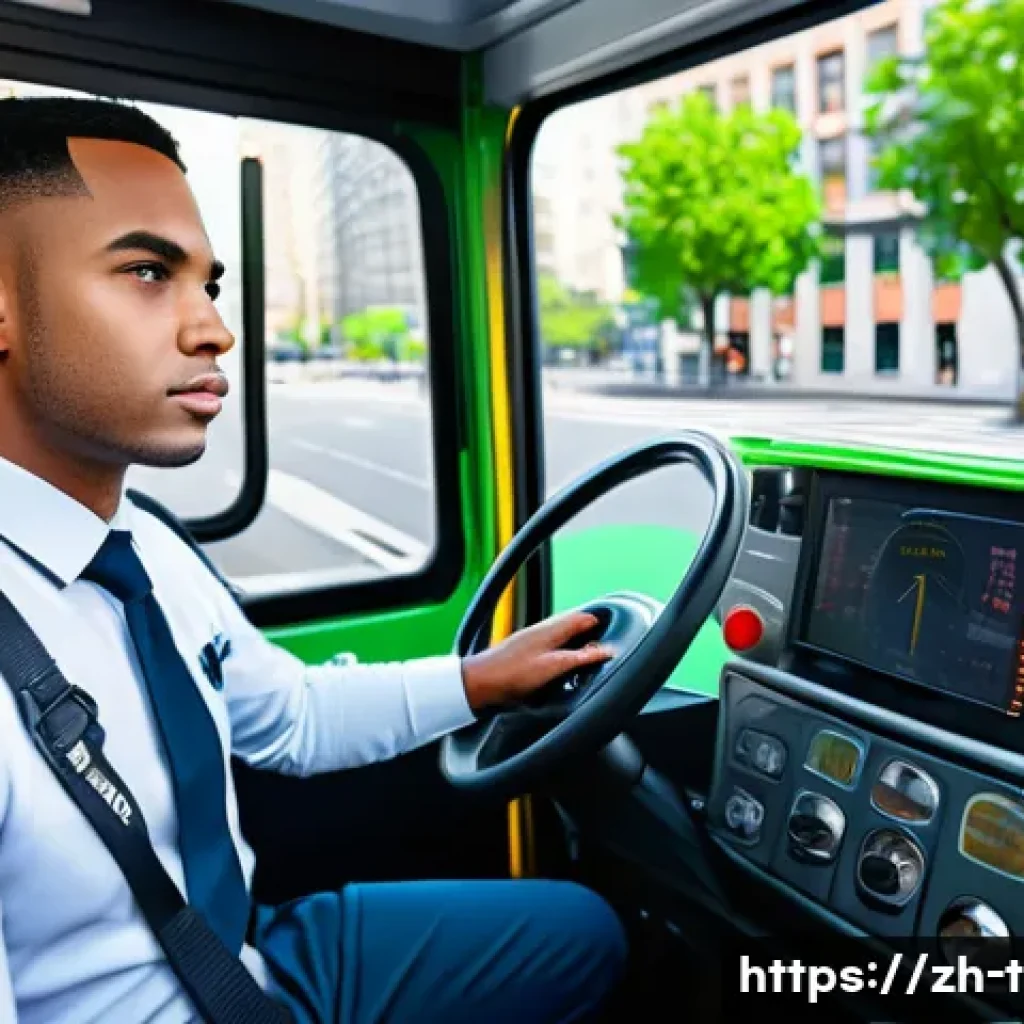 교통직 진로 고민 해결법 - A modern urban bus driver in a clean, professional uniform sitting confidently behind the wheel of a...