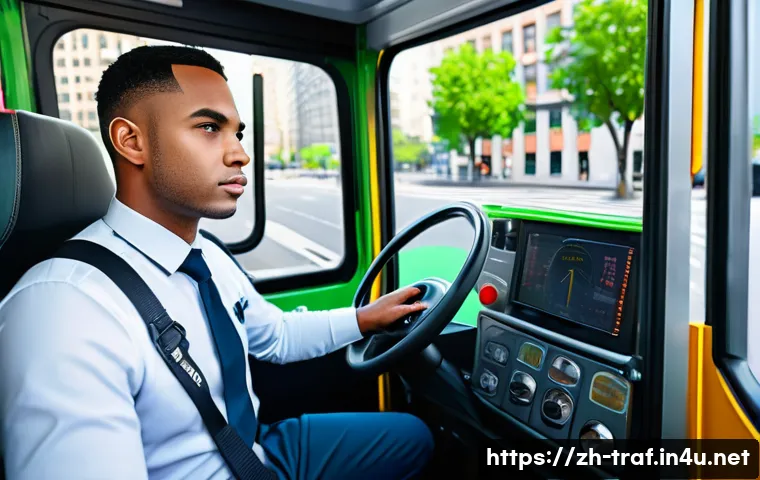교통직 진로 고민 해결법 - A modern urban bus driver in a clean, professional uniform sitting confidently behind the wheel of a...