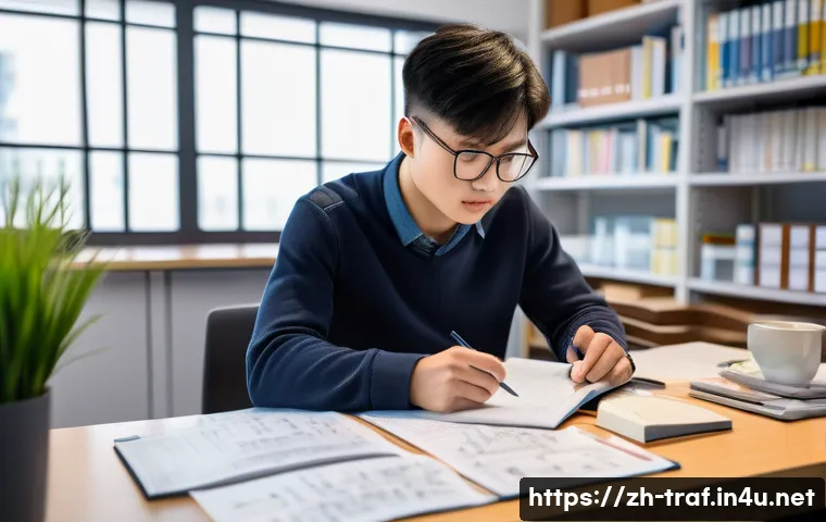 교통안전관리사 실기시험 대비 전략 - A focused Chinese adult student studying traffic safety management theory at a modern desk, with nea...