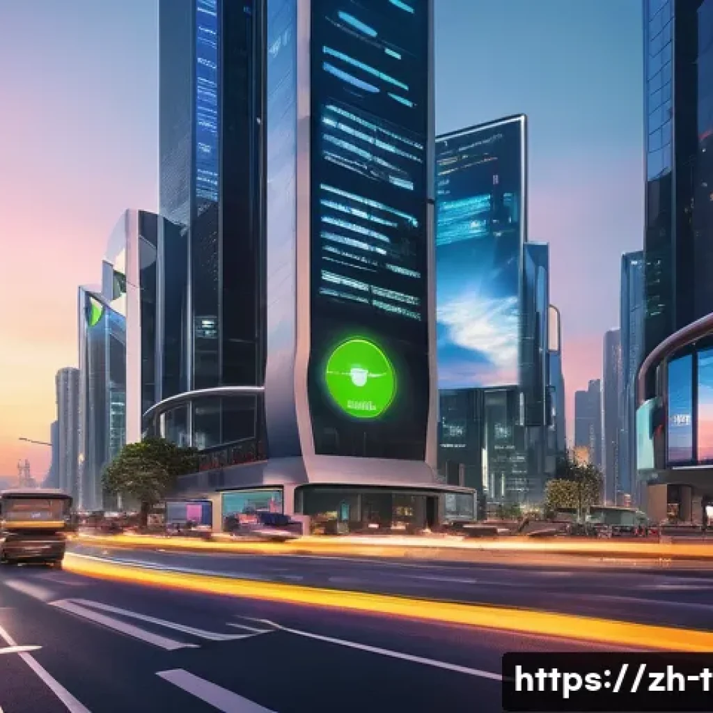 교통 관련 기술 발전과 전망 - A futuristic urban intersection at dusk featuring smart traffic lights with dynamic LED displays adj...