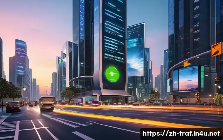 교통 관련 기술 발전과 전망 - A futuristic urban intersection at dusk featuring smart traffic lights with dynamic LED displays adj...