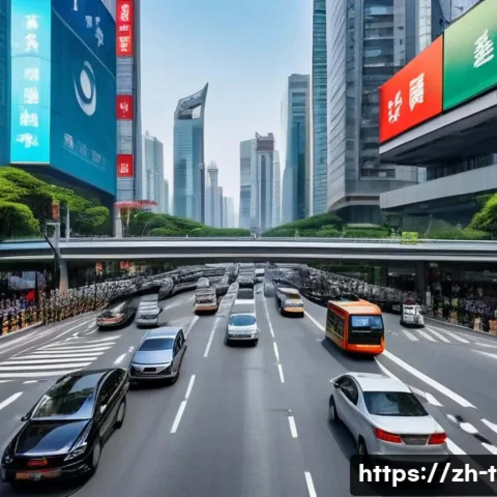 교통직 업무 중 발생한 사례 연구 - A bustling urban intersection during rush hour in a modern Chinese city, with multiple lanes of cars...