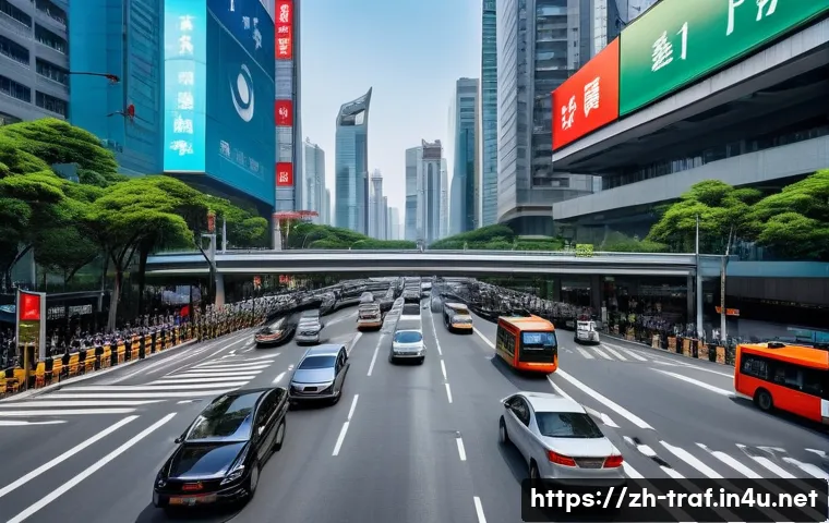 교통직 업무 중 발생한 사례 연구 - A bustling urban intersection during rush hour in a modern Chinese city, with multiple lanes of cars...