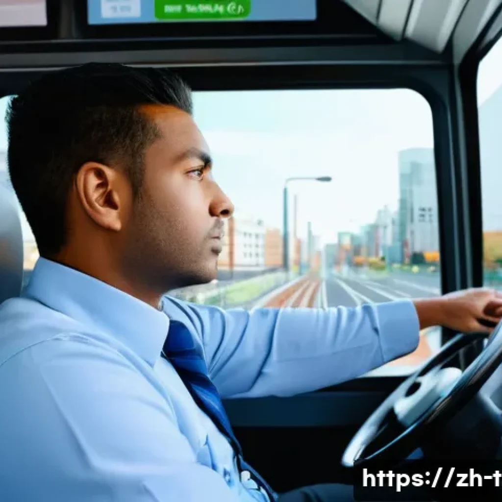 교통업계 이직 과정에서의 주의점 - A detailed scene of a modern urban bus driver in a clean uniform and seatbelt, sitting attentively b...