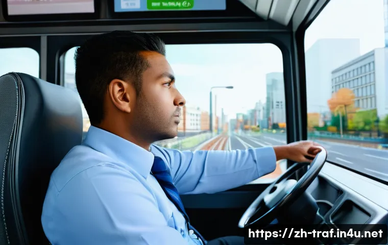 교통업계 이직 과정에서의 주의점 - A detailed scene of a modern urban bus driver in a clean uniform and seatbelt, sitting attentively b...