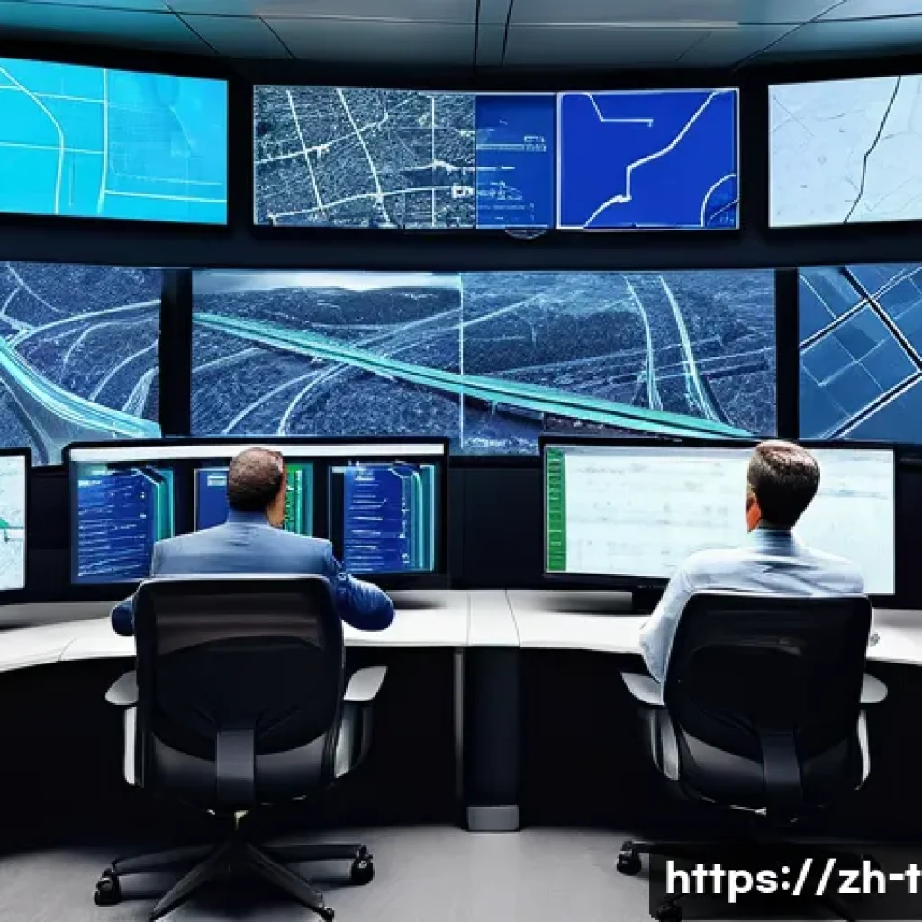 교통직 시험 난이도 평가 - A modern urban traffic management control room with multiple large digital screens displaying real-t...