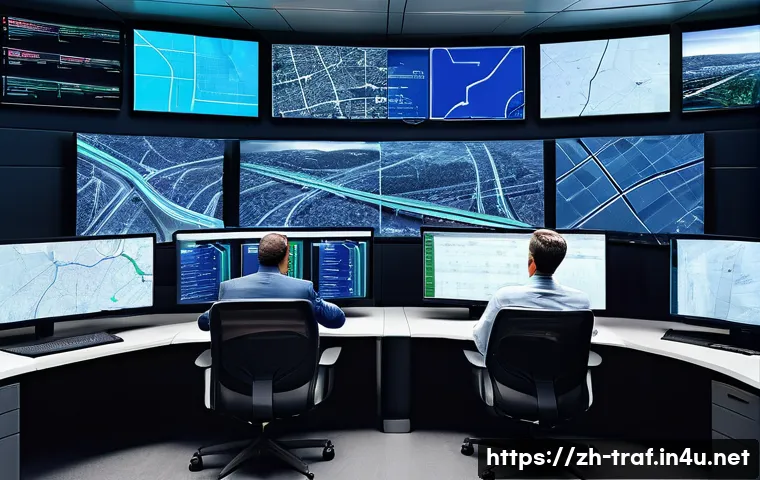 교통직 시험 난이도 평가 - A modern urban traffic management control room with multiple large digital screens displaying real-t...