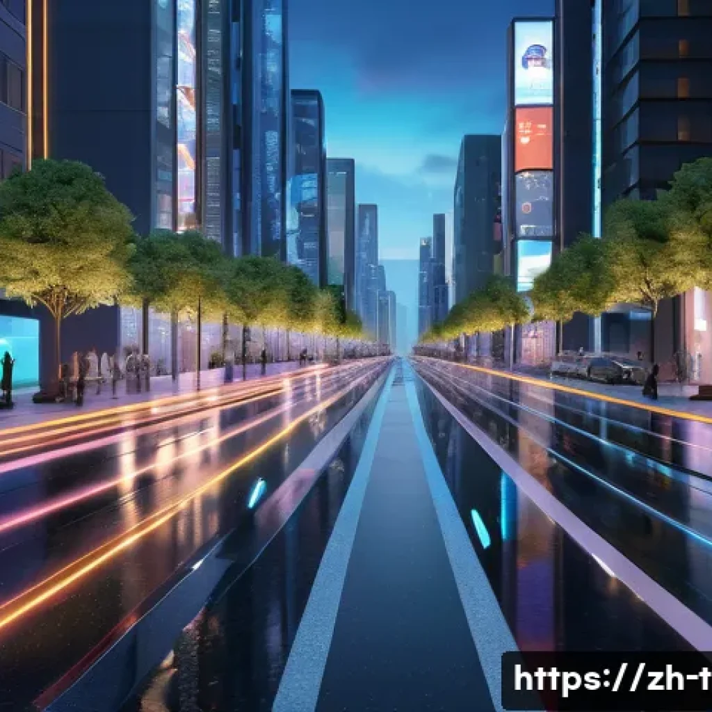 교통산업 전망과 자격증 가치 - A futuristic smart city street scene at dusk featuring autonomous electric vehicles navigating smoot...