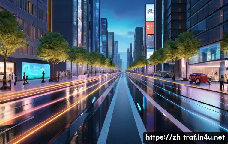 교통산업 전망과 자격증 가치 - A futuristic smart city street scene at dusk featuring autonomous electric vehicles navigating smoot...