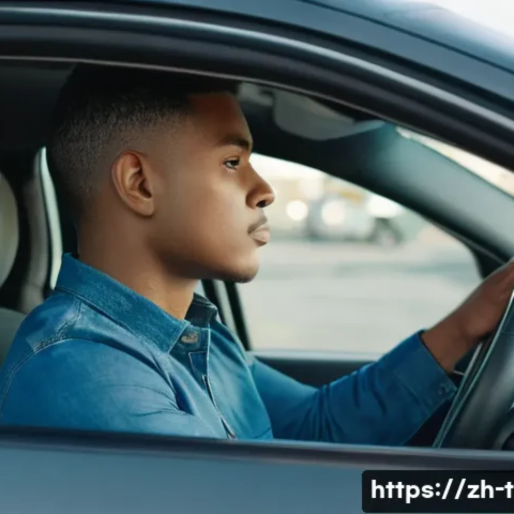 교통기사 실기 시험 성공 사례 - A young adult learner wearing casual clothes and a seatbelt, sitting inside a modern compact car pra...