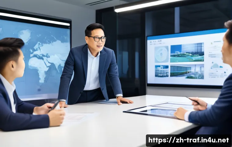 교통직 경력자의 커리어 조언 - A professional middle-aged Chinese man in business casual attire leading a diverse team meeting in a...