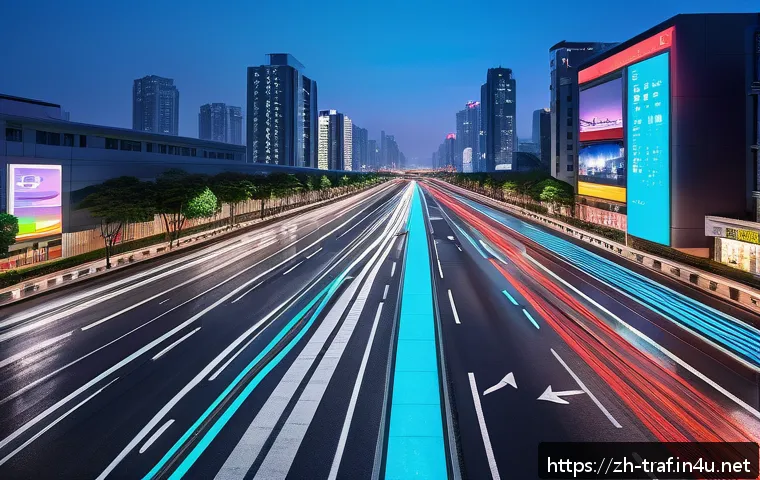 교통업계와 최신 기술 융합 사례 - A futuristic smart city intersection at dusk, featuring advanced traffic management technology with ...