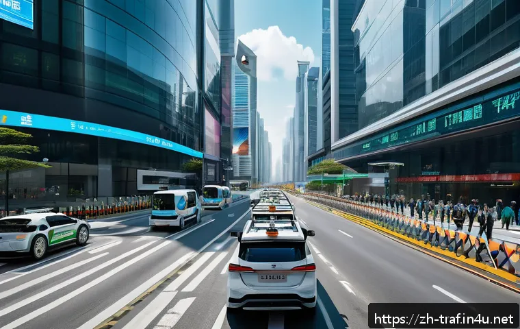 교통직 공무원 전망 - A futuristic urban traffic control center with diverse Chinese traffic officers monitoring multiple ...