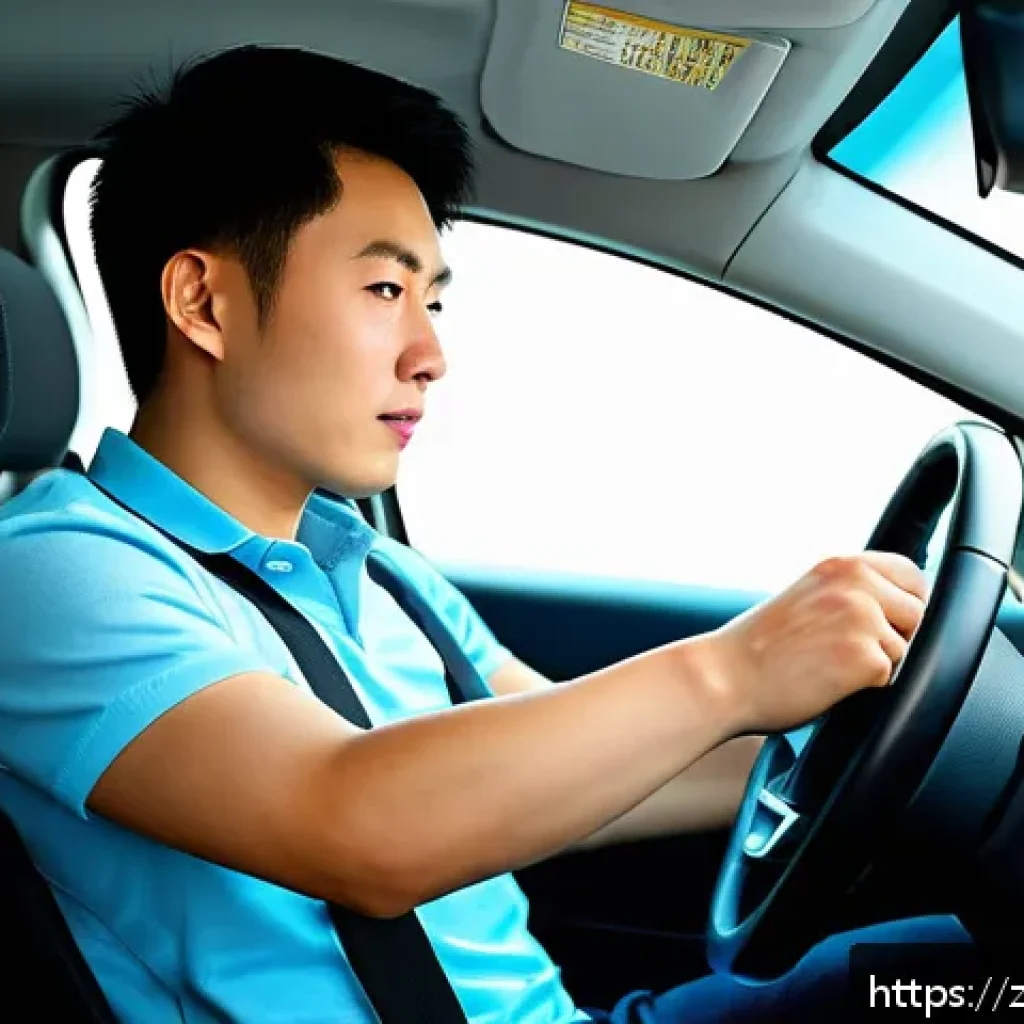 교통분야 실기시험 대비 전략 - A modern driver training scene showing a young adult Chinese male adjusting the car seat and rearvie...