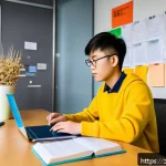 교통직 자격증 취득 준비 순서 - A modern study room scene showing a young adult Chinese student preparing for a transportation profe...
