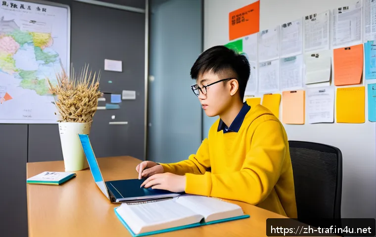 교통직 자격증 취득 준비 순서 - A modern study room scene showing a young adult Chinese student preparing for a transportation profe...