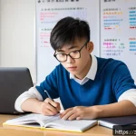 교통안전관리사 합격 전략 - A focused young adult studying at a modern desk with multiple textbooks and a laptop open to traffic...