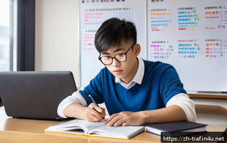 교통안전관리사 합격 전략 - A focused young adult studying at a modern desk with multiple textbooks and a laptop open to traffic...