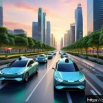 교통 관련 직업과 자격증 필요성 - A futuristic smart city street scene at dusk, showcasing autonomous electric vehicles driving seamle...