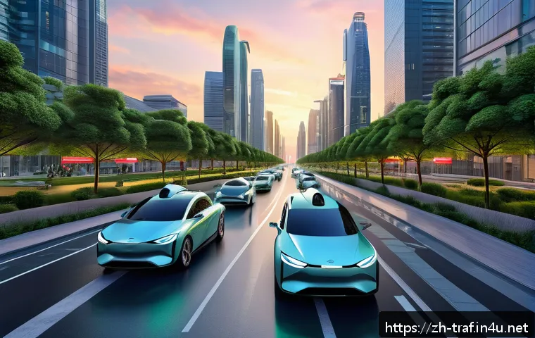 교통 관련 직업과 자격증 필요성 - A futuristic smart city street scene at dusk, showcasing autonomous electric vehicles driving seamle...