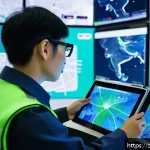 교통 직종 연봉 통계 - A futuristic urban traffic control center showcasing diverse professionals: a young male traffic big...