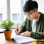 교통직 공무원 시험 성공 전략 - A modern study room scene featuring a young Chinese adult diligently preparing for a transportation ...