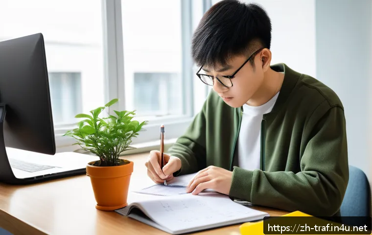 교통직 공무원 시험 성공 전략 - A modern study room scene featuring a young Chinese adult diligently preparing for a transportation ...