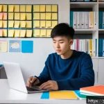 교통직 시험 준비 전략 - A modern Chinese student sitting at a clean, organized study desk in a bright room, using a laptop a...
