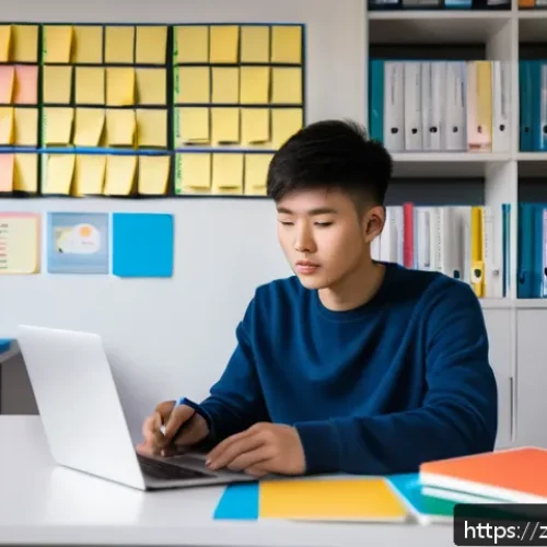 교통직 시험 준비 전략 - A modern Chinese student sitting at a clean, organized study desk in a bright room, using a laptop a...
