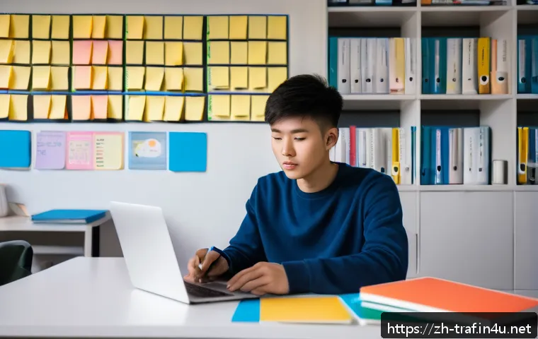 교통직 시험 준비 전략 - A modern Chinese student sitting at a clean, organized study desk in a bright room, using a laptop a...