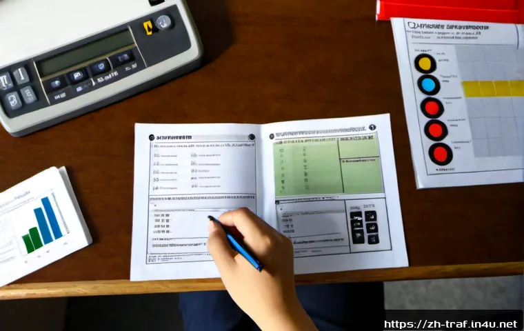 교통 자격증 기출문제 분석 - Photorealistic overhead view of a focused adult learner analyzing transportation certification pract...
