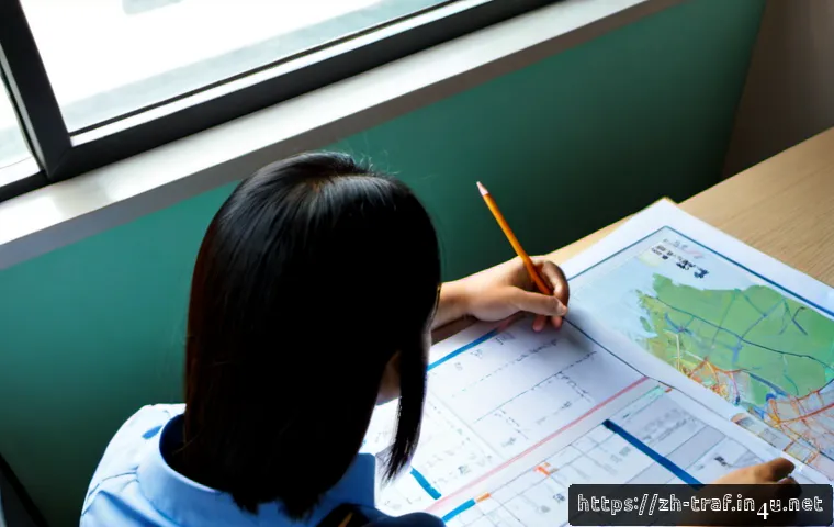 교통직 필기시험의 공략 포인트 - Photorealistic overhead study scene for a transportation civil service written exam, focused East As...