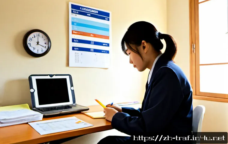 교통직 필기시험 고득점 사례 분석 - Photorealistic study success scene, focused East Asian civil-service exam candidate in a neat home s...