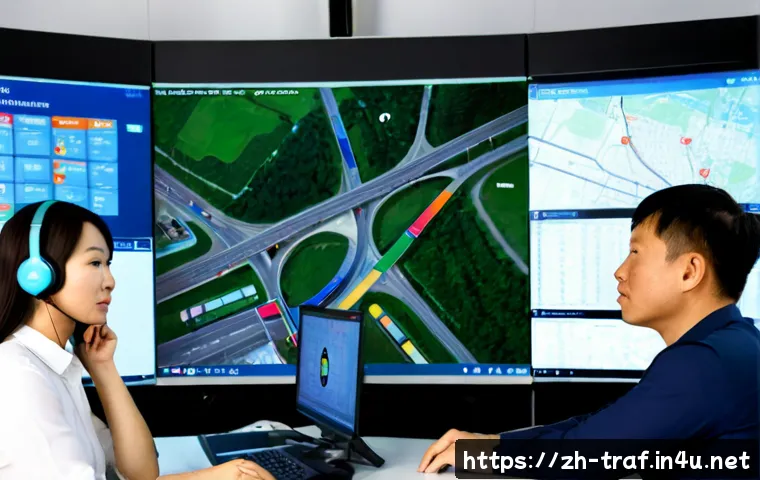 교통직 업무 중 주요 이슈 해결 사례 - Photorealistic urban traffic operations center, a focused transportation coordinator and two colleag...